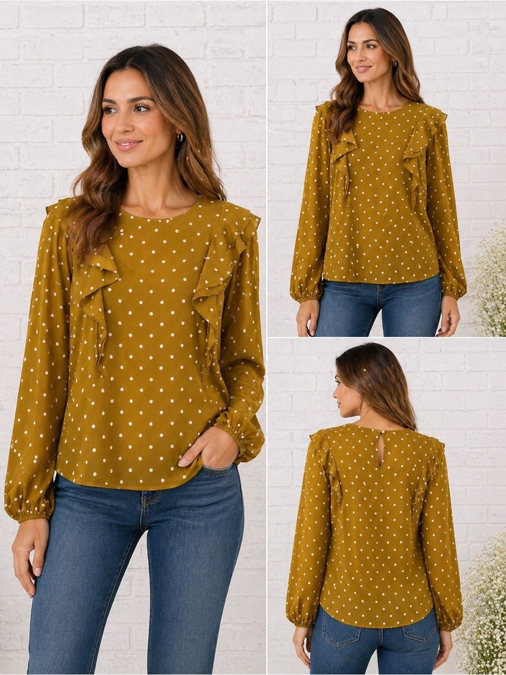 Ann Taylor Factory Mustard Polka Dot Ruffle Long Sleeve Blouse Size XL